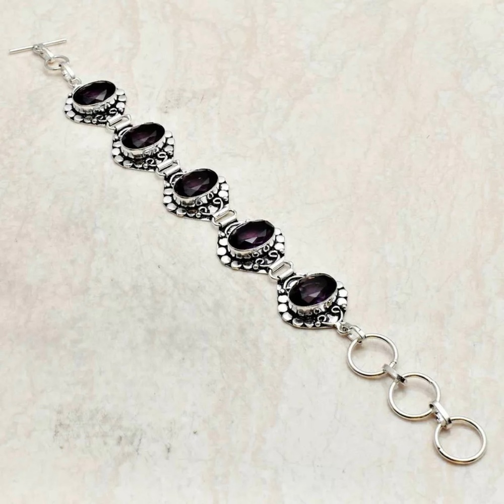 S925 Silver Plated Natural Amethyst Ethnic Bracelet AJB1